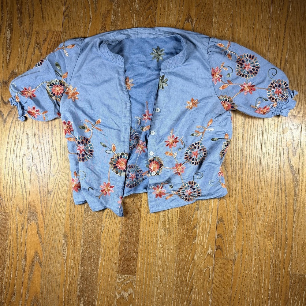 Parami‎ Design Blouse Womens Large Blue Embroidered Kimono Boho Floral Top
